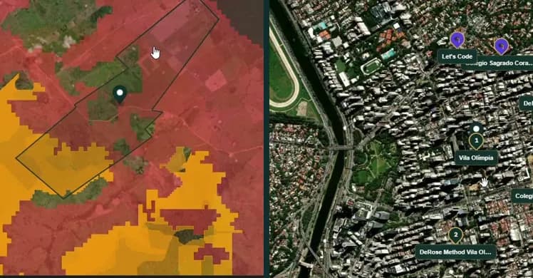 Telas reais do RegionScan: mapa de imóvel rural com camadas de desmatamento e mapa urbano com marcadores em São Paulo